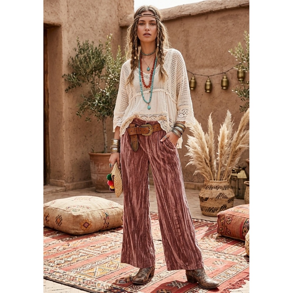 Free People Crushed Velvet Wide Leg Pants Dusty Rose Pink Boho High Rise Size 8 - Picture 1 of 4
